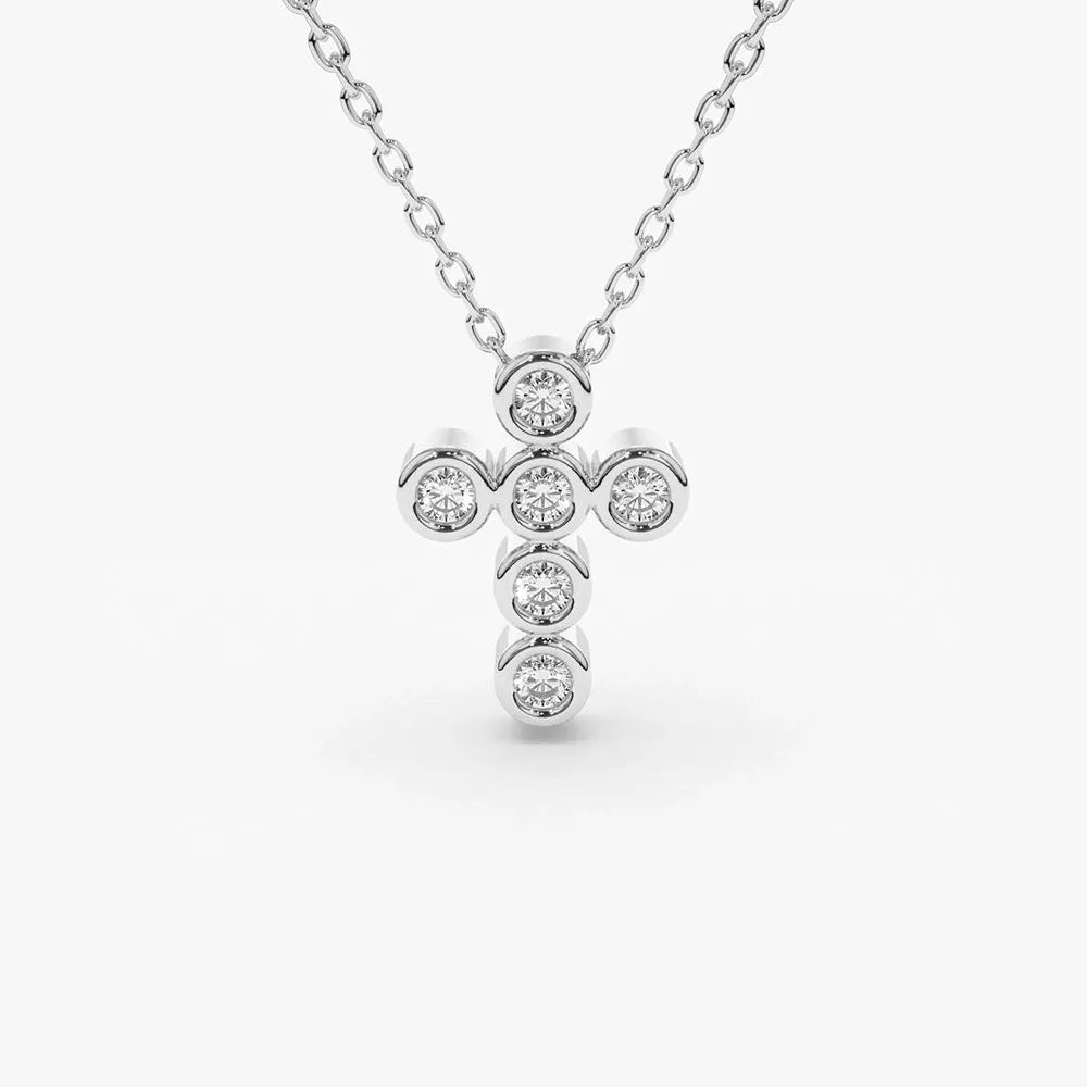 14K Solid Gold Round Diamond 6 Stone Cross Pendant Necklace Bezel Set 0.26ctw
