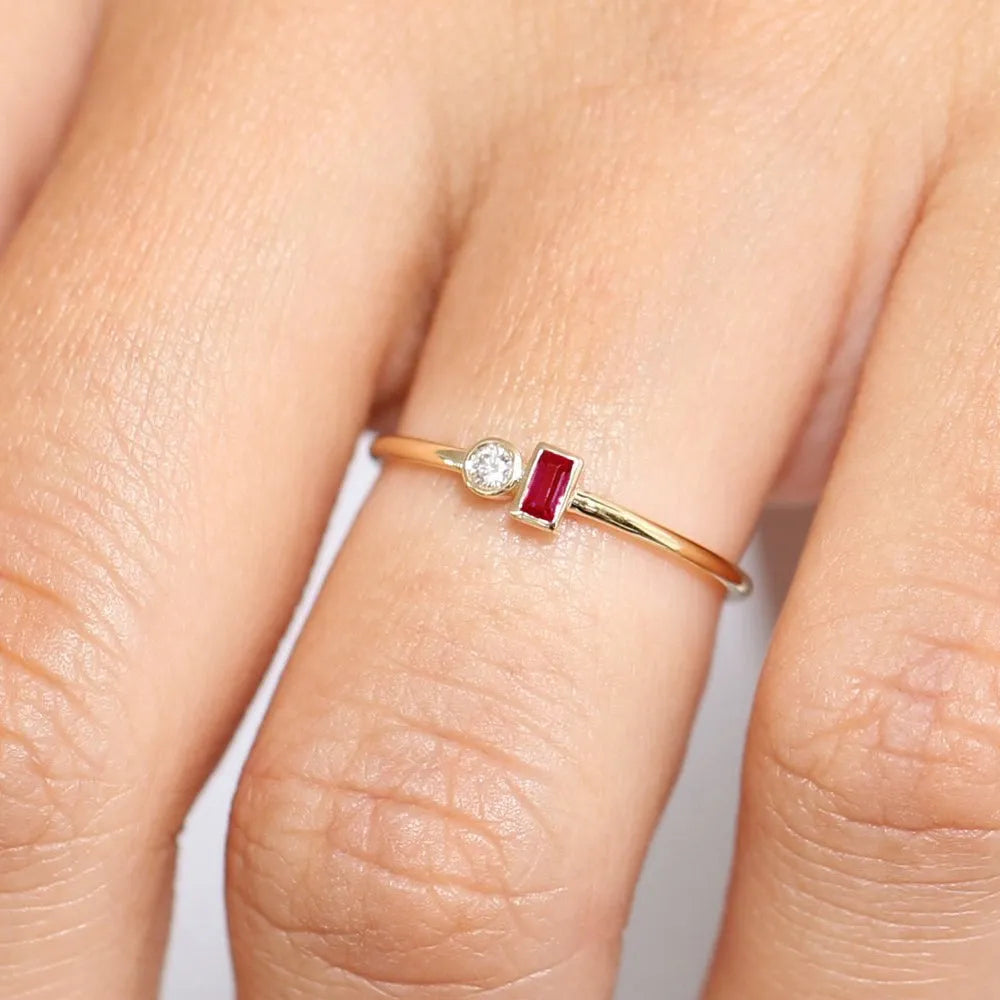14k Gold Ruby and Diamond Baguette and Round Cut Minimalist Bezel Setting Ring 0.13 ctw