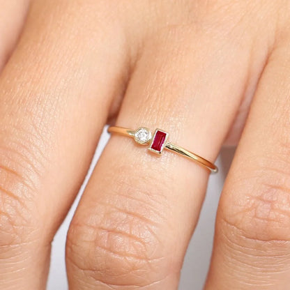 14k Gold Ruby and Diamond Baguette and Round Cut Minimalist Bezel Setting Ring 0.13 ctw
