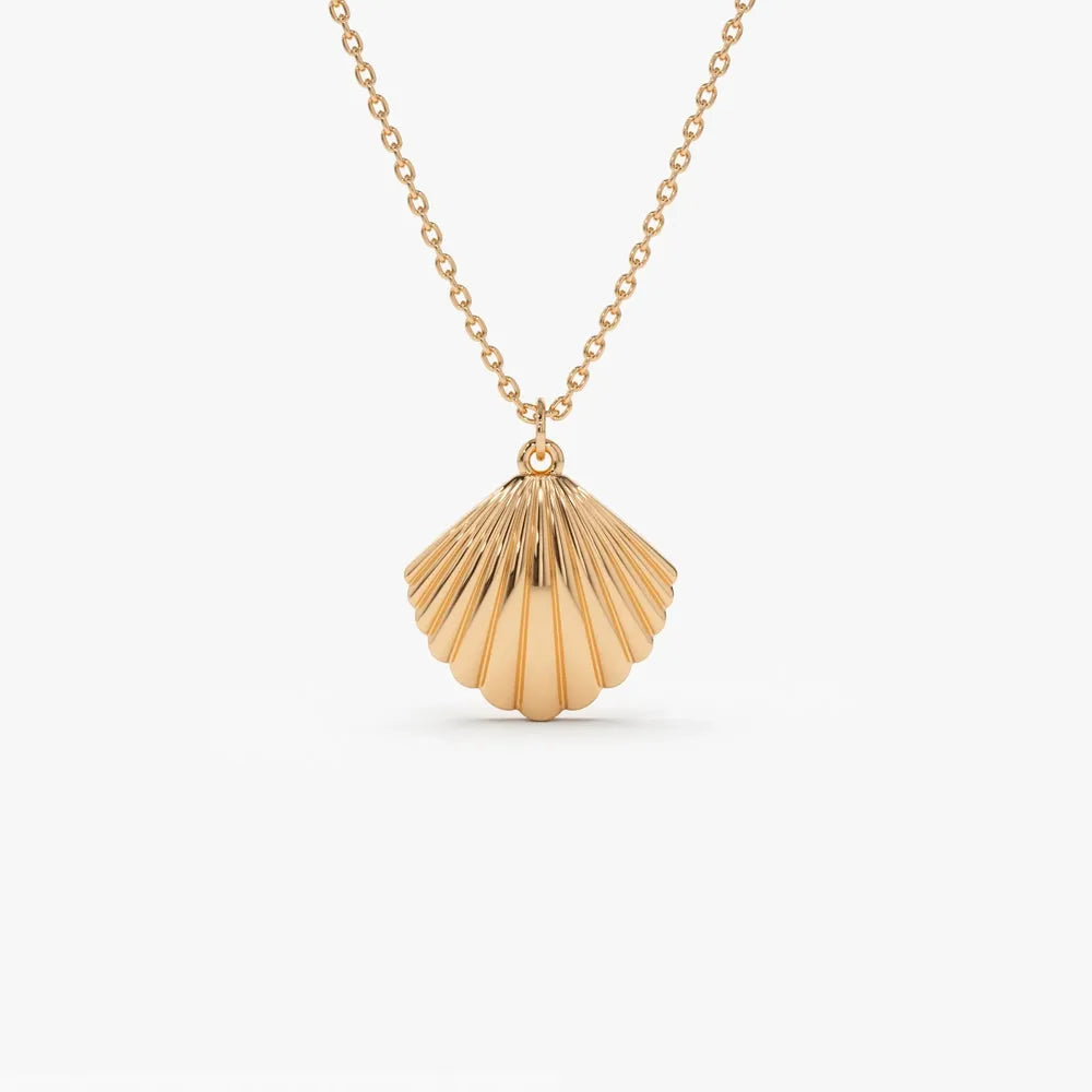 14k Solid Gold Shell Charm Pendant Necklace Coastal Beach Inspired
