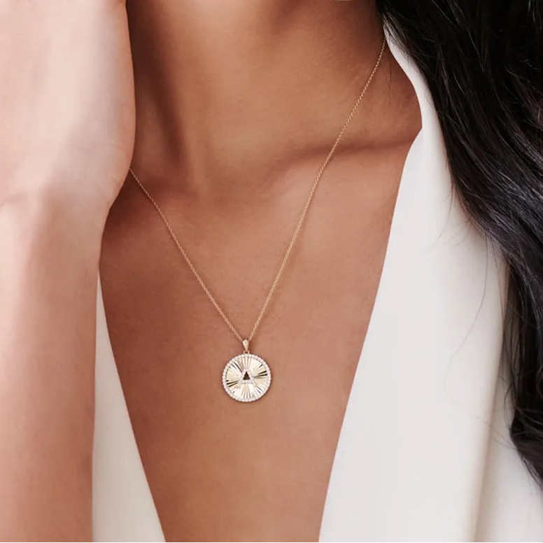 14K Solid Gold Round Diamond Initial Ballerina Disc Pendant Necklace 0.34ctw