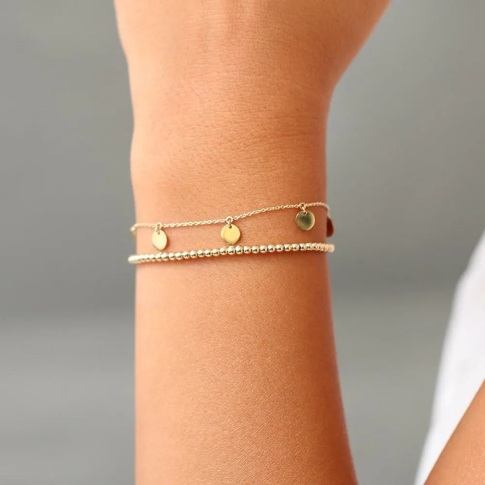 14K Solid Gold 2.5MM Beaded Chain Layering Bracelet
