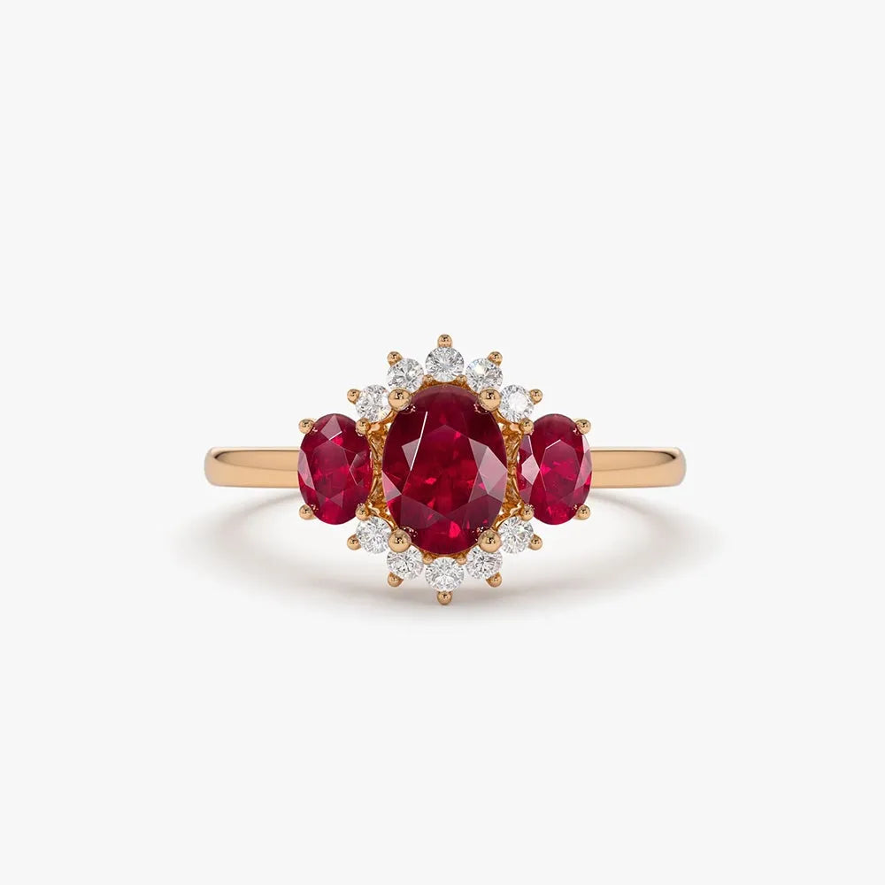 14k Gold Ruby and Diamond Oval Cut Three Stone Cluster Ring 1.39 ctw