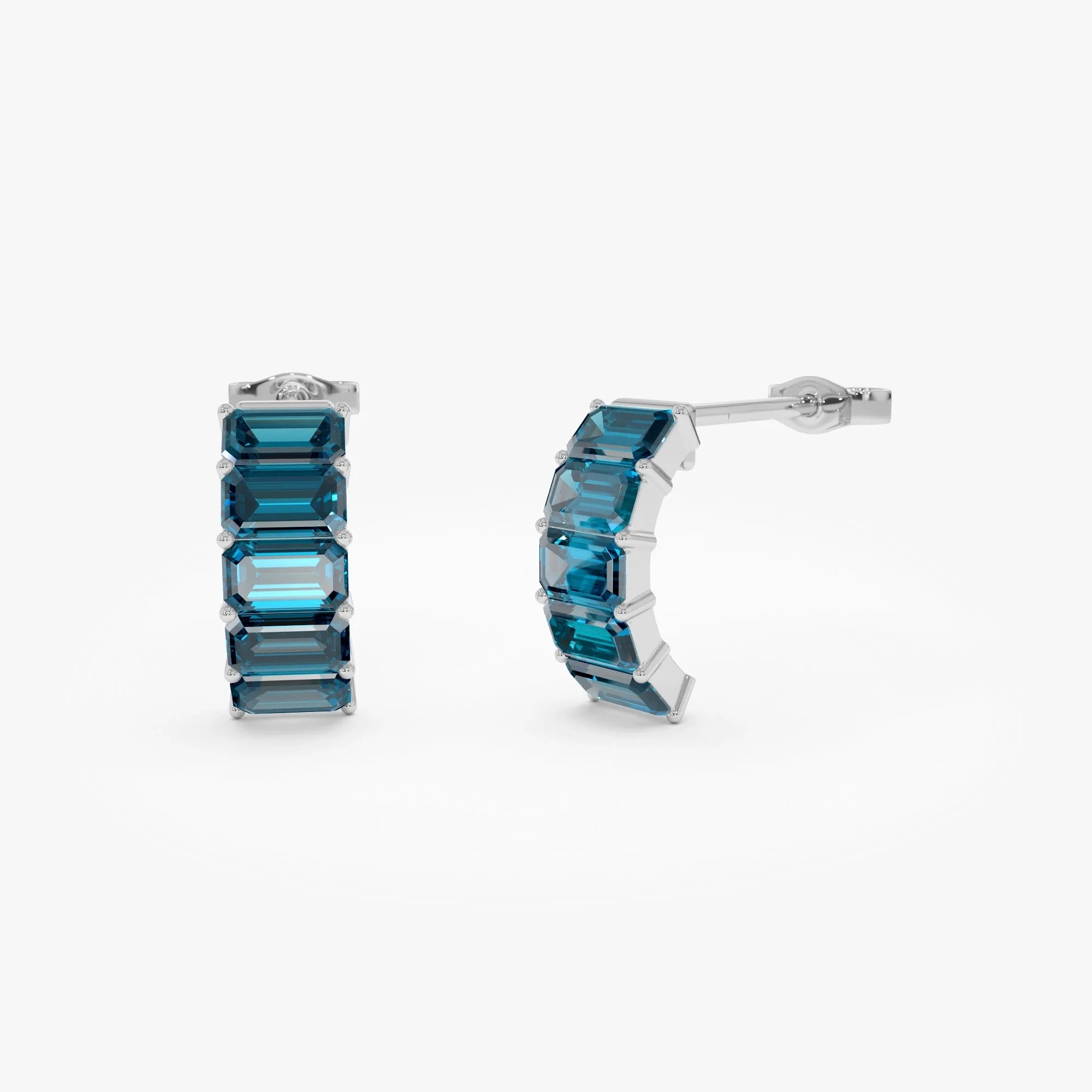 14K Solid Gold Octagon Cut London Blue Topaz Half Hoop Earrings 3.70ctw
