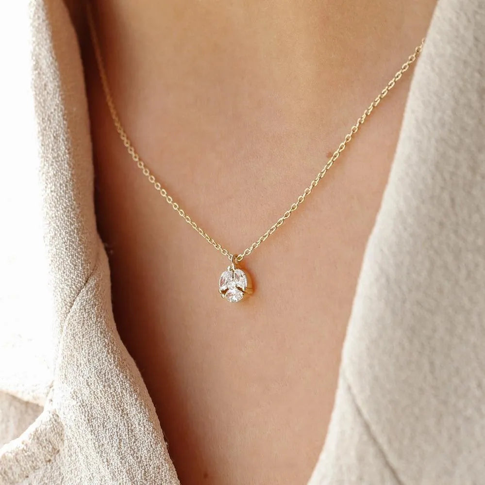 14K Solid Gold Marquise and Round Diamond Cluster Necklace Prong Setting 0.16ctw