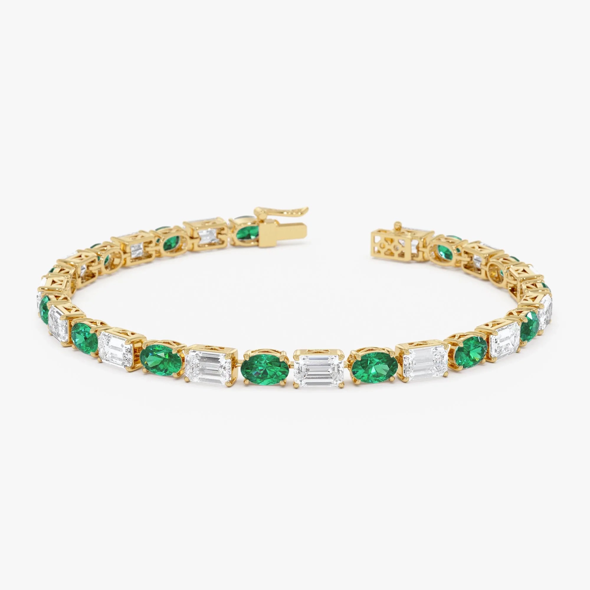 14K Gold Lab Grown Colombian Emerald and Lab Grown Diamond 4 Prong Bracelet