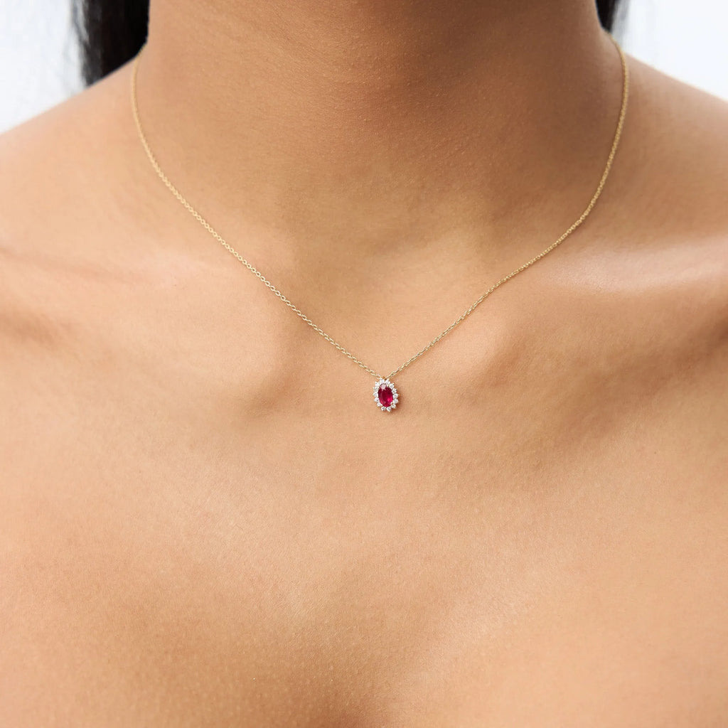 14k Solid Gold Ruby and Diamond Oval Halo Necklace 0.40 Carat