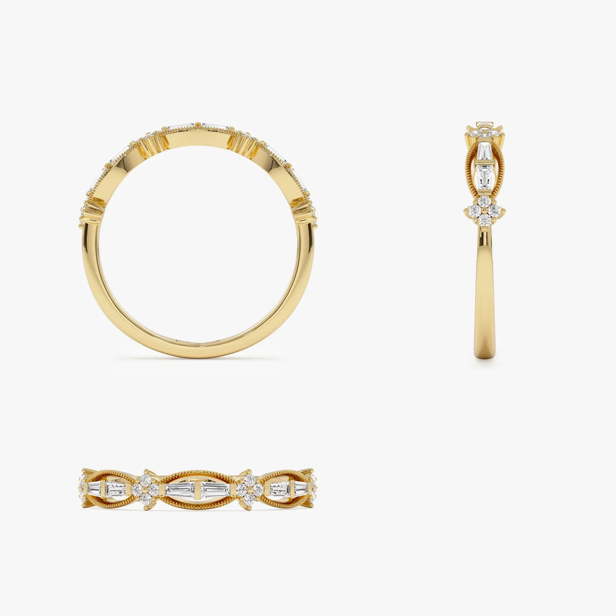 14k Gold 0.18 CTW Baguette and Round Diamond Vintage Inspired Wedding Ring