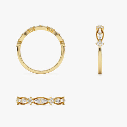 14k Gold 0.18 CTW Baguette and Round Diamond Vintage Inspired Wedding Ring
