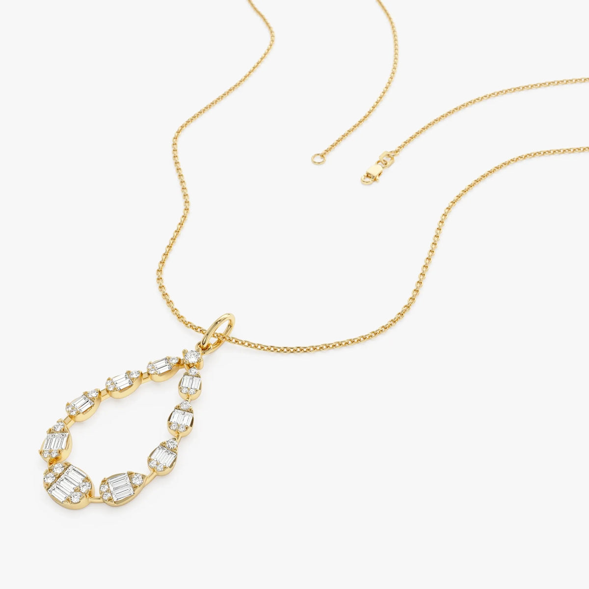 14K Solid Gold Round and Baguette Diamond Pear Shape Pendant Necklace 0.47ctw
