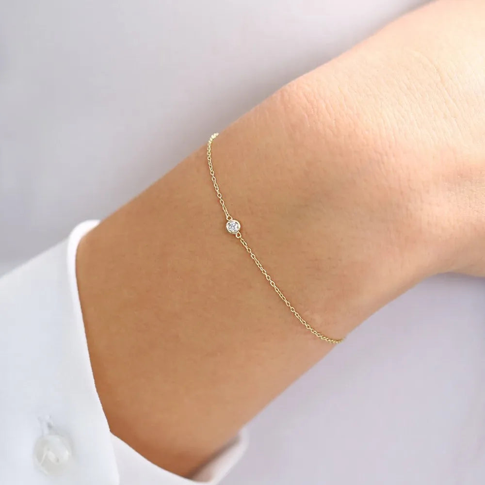 14K Solid Gold 0.10 CTW Round Diamond Bezel Set Solitaire Bracelet
