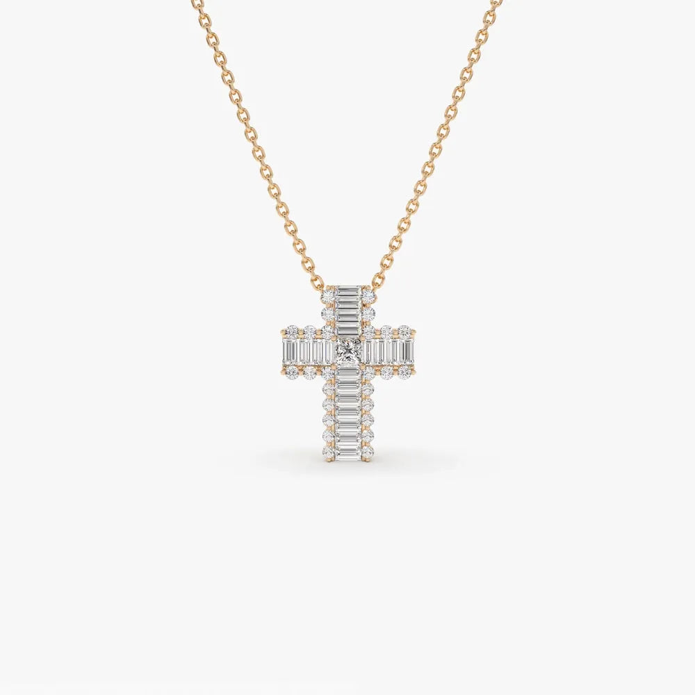 14K Solid Gold Baguette Round and Princess Cut Diamond Cross Pendant Necklace 0.65ctw