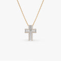 14K Solid Gold Baguette Round and Princess Cut Diamond Cross Pendant Necklace 0.65ctw