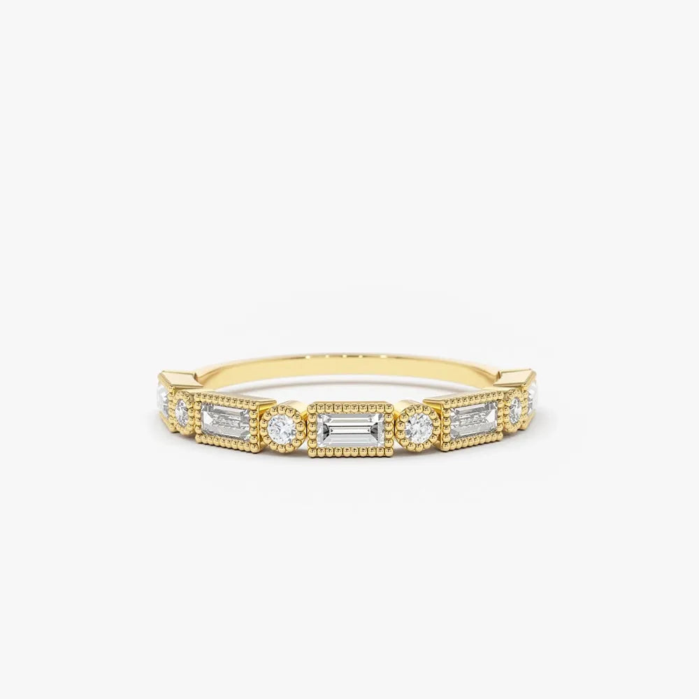 14K Gold Baguette and Round Diamond 0.39 CTW Bezel Set Alternating Band Ring
