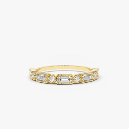 14K Gold Baguette and Round Diamond 0.39 CTW Bezel Set Alternating Band Ring