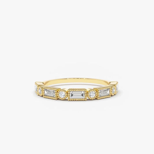 14K Gold Baguette and Round Diamond 0.39 CTW Bezel Set Alternating Band Ring