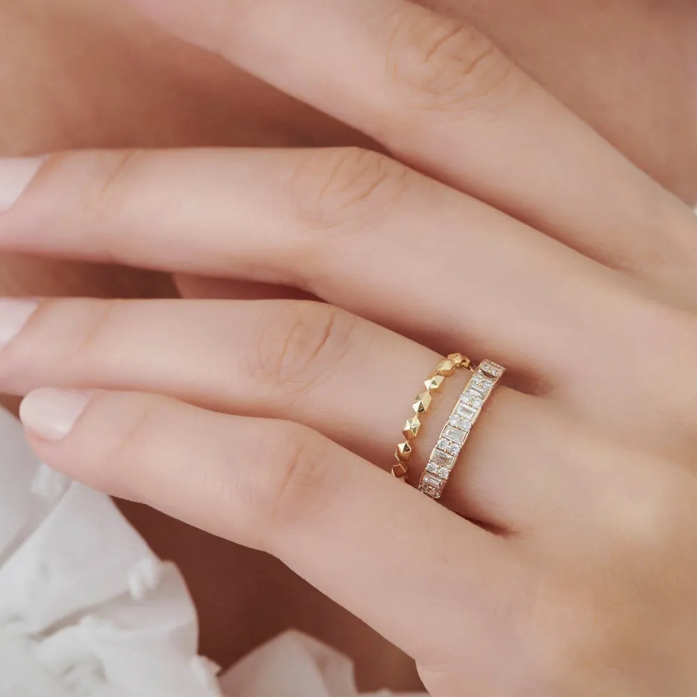 14K Solid Gold Round Diamond 0.07ctw Petite Pyramid Stackable Ring