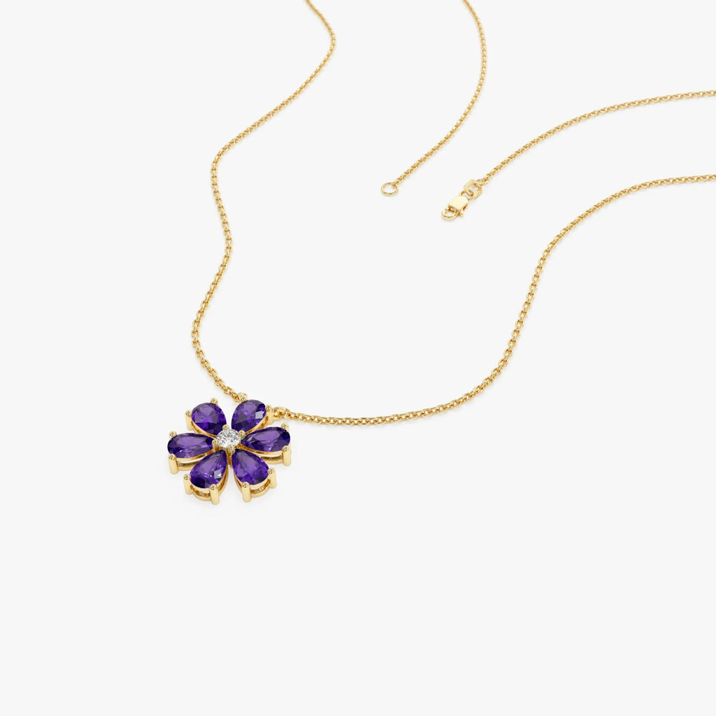 14k Solid Gold Amethyst and Diamond Pear and Round Flower Necklace 1.35 Carat