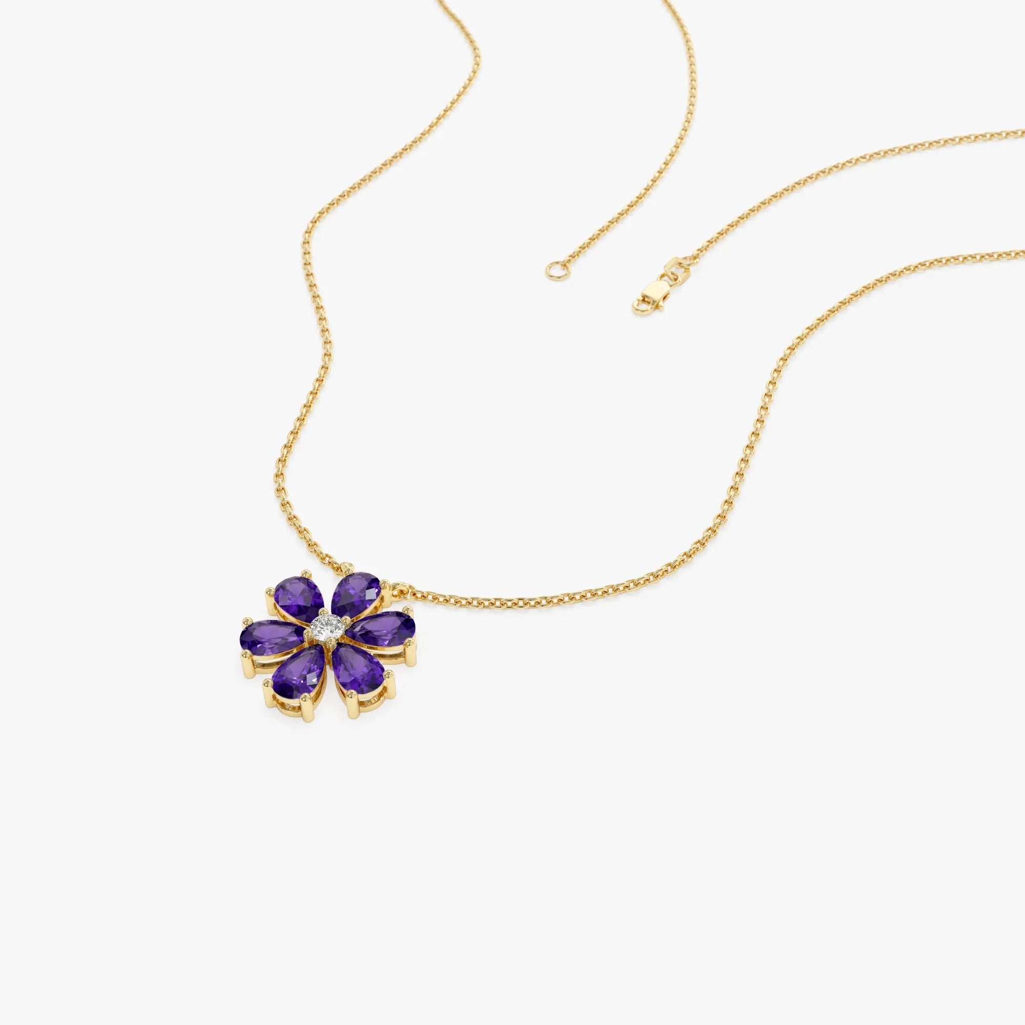 14k Solid Gold Amethyst and Diamond Pear and Round Flower Necklace 1.35 Carat