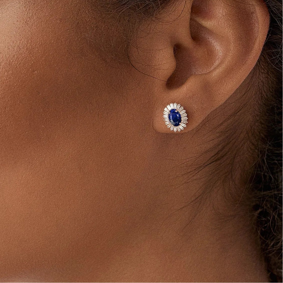 14k Solid Gold Oval Blue Sapphire and Baguette Diamond Ballerina Stud Earrings 1.75 ctw