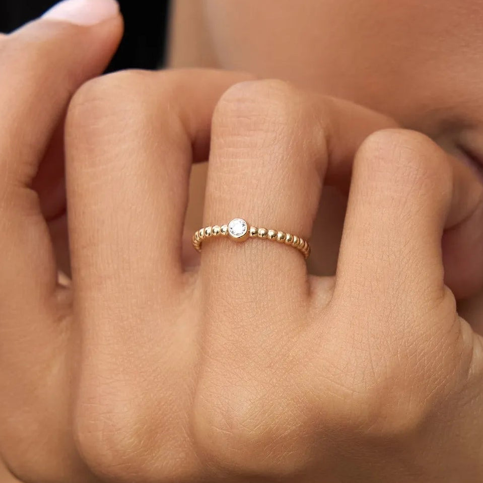 14K Gold Round Diamond 0.05 ctw Beaded Bezel Solitaire Ring