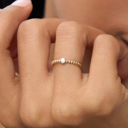 14K Gold Round Diamond 0.05 ctw Beaded Bezel Solitaire Ring