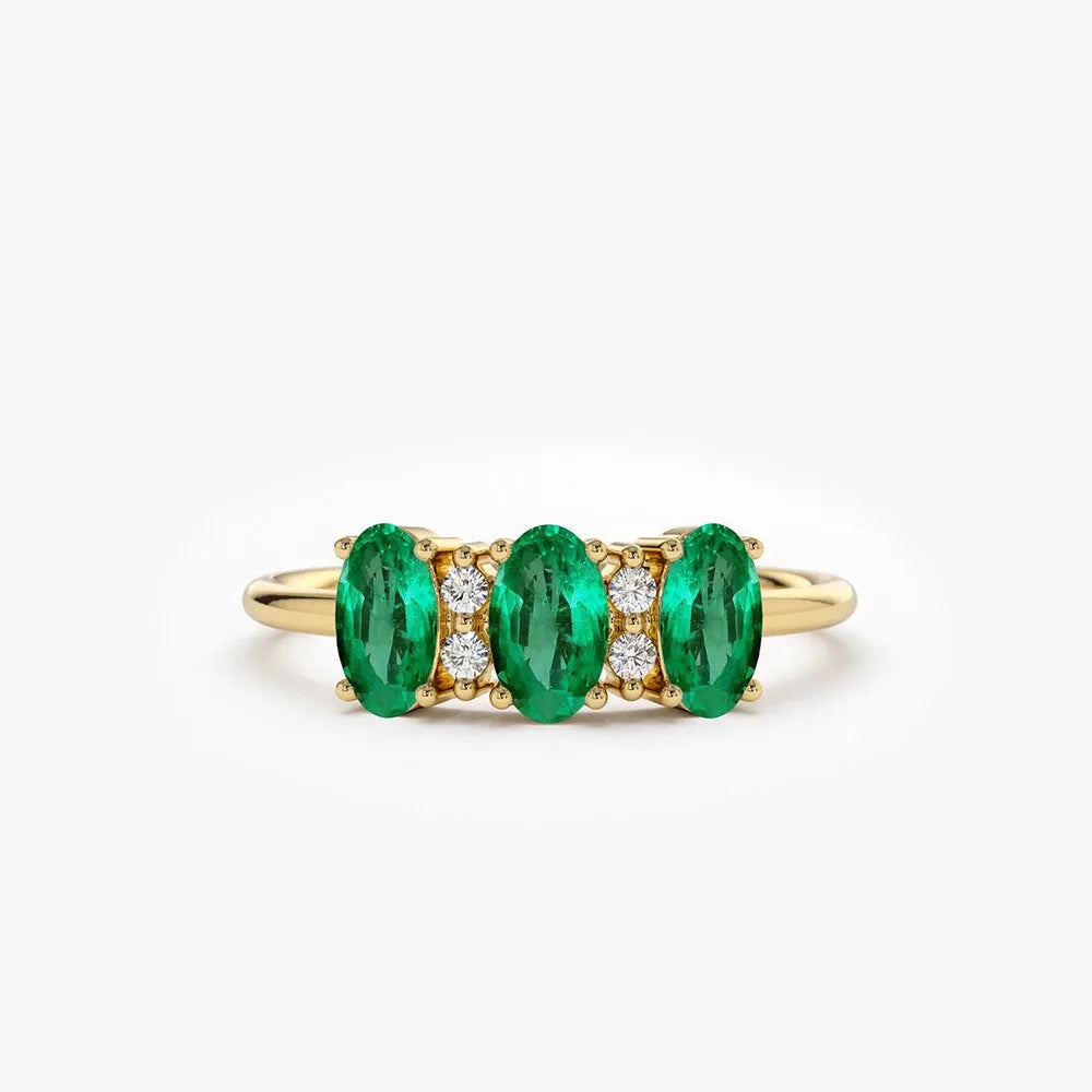 14K Solid Gold Triple Oval Emerald and Round Diamond Ring 0.70 CTW Handcrafted Jewelry