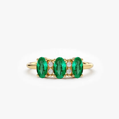 14K Solid Gold Triple Oval Emerald and Round Diamond Ring 0.70 CTW Handcrafted Jewelry