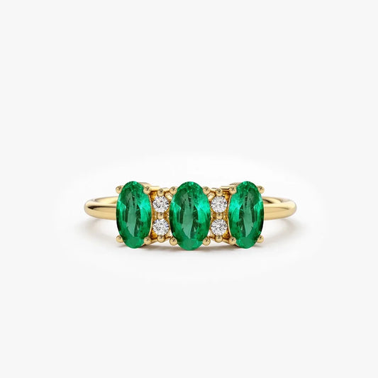 14K Solid Gold Triple Oval Emerald and Round Diamond Ring 0.70 CTW Handcrafted Jewelry