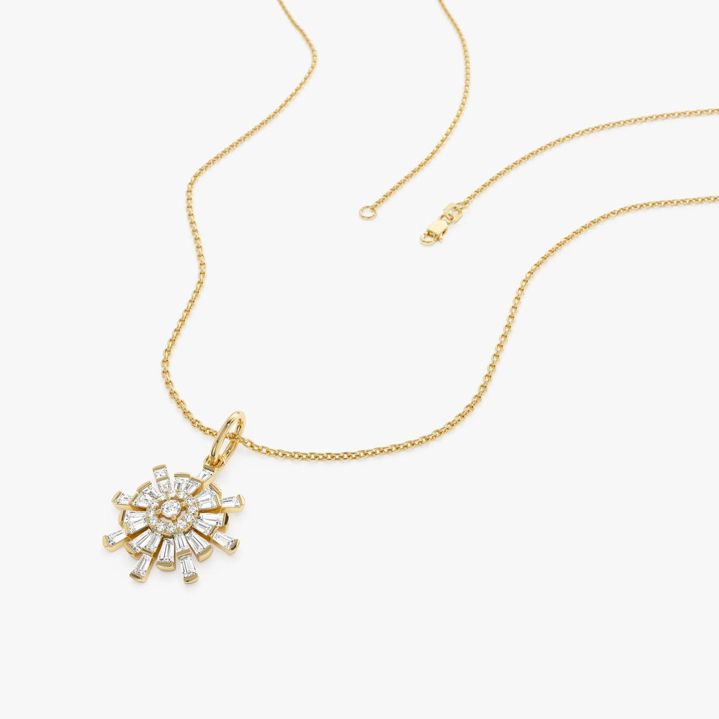 14K Solid Gold Baguette and Round Diamond Sunburst Pendant Necklace 0.40ctw