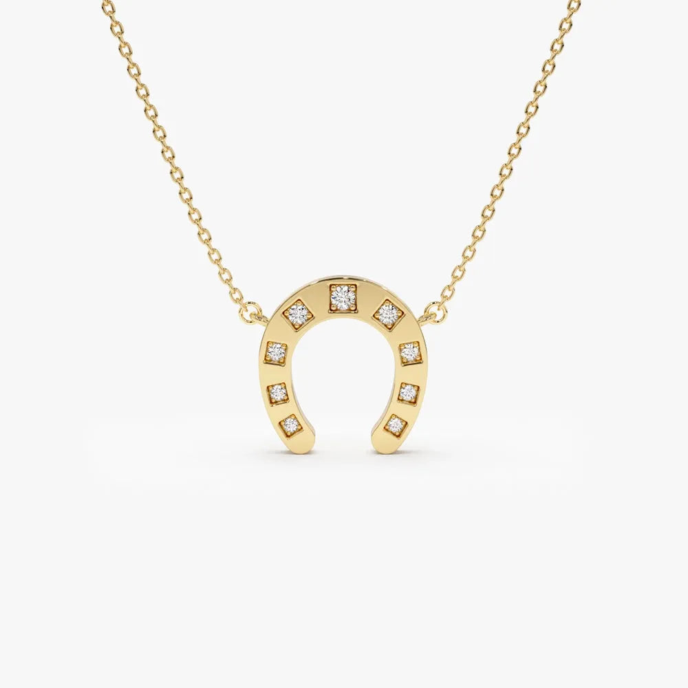 14K Solid Gold Round Diamond Horseshoe Pendant Necklace 0.13ctw