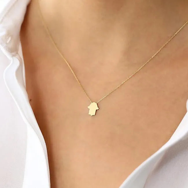 14k Solid Gold Tiny Hamsa Hand Charm Pendant Necklace