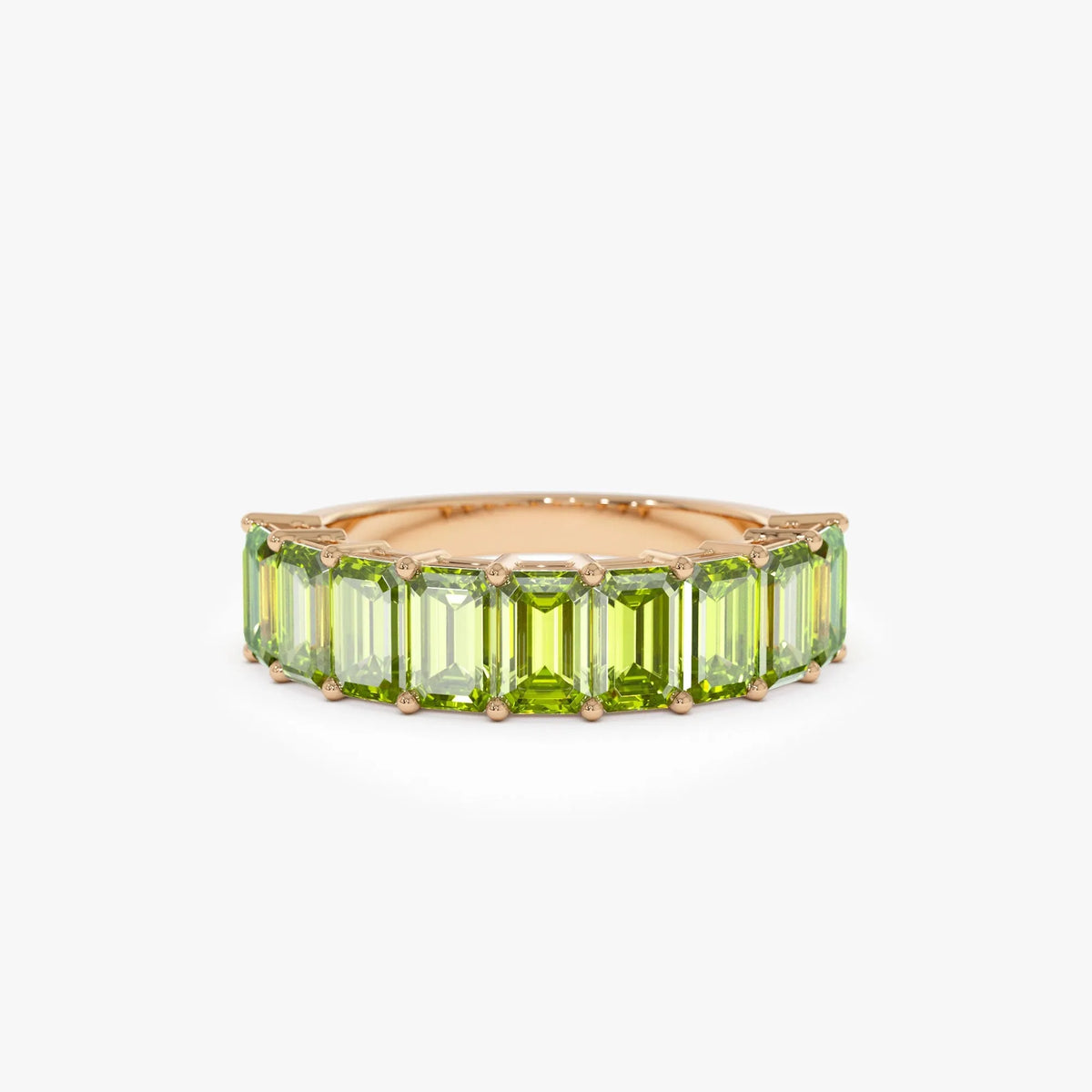 14K Solid Gold Emerald Cut Peridot 2.35 Carat Nine Stone Ring