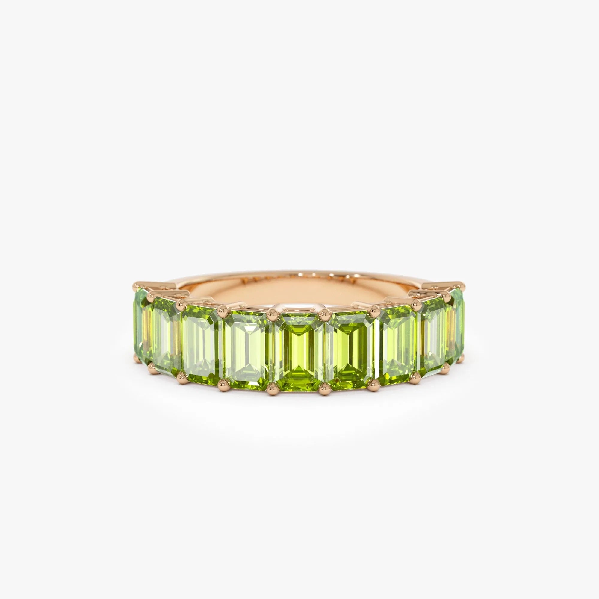 14K Solid Gold Emerald Cut Peridot 2.35 Carat Nine Stone Ring