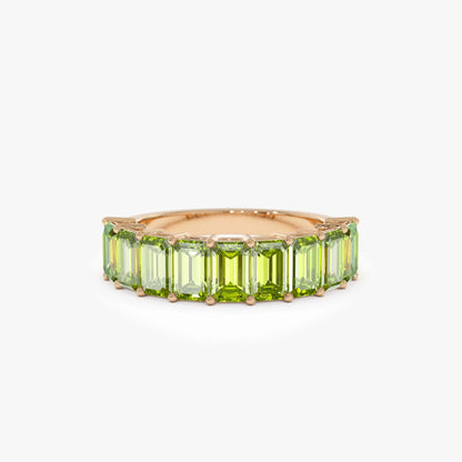 14K Solid Gold Emerald Cut Peridot 2.35 Carat Nine Stone Ring