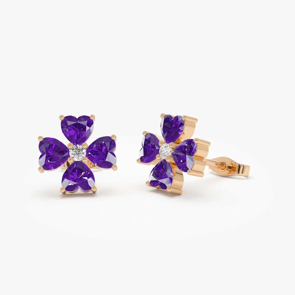 14K Solid Gold Heart Shaped Amethyst and Diamond Four Leaf Clover Stud Earrings