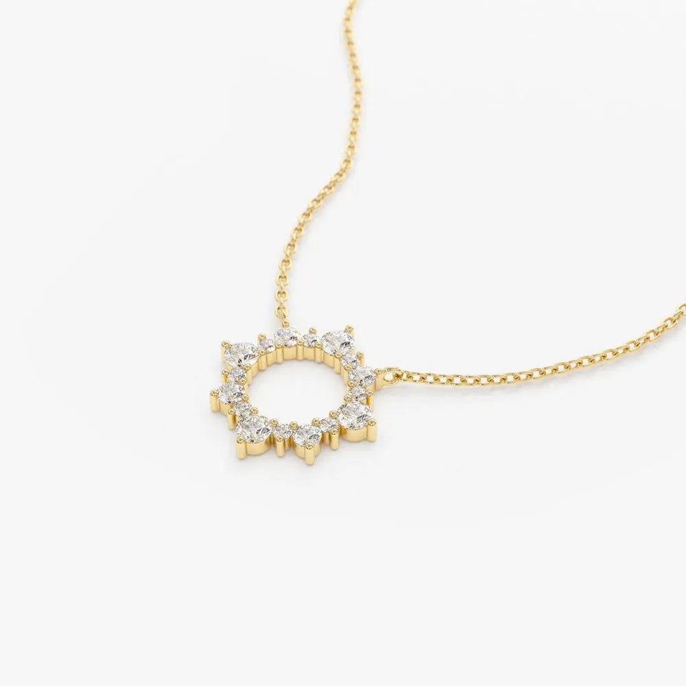 14K Solid Gold Round Diamond Sun Circle Pendant Necklace Prong Setting 0.43ctw