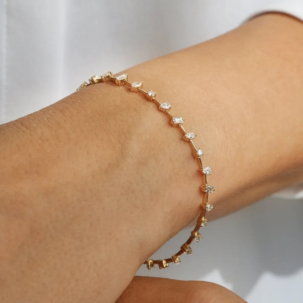 14K Solid Gold 1.98 CTW Round Baguette Marquise and Pear Diamond Multi-Shape Slant Bracelet