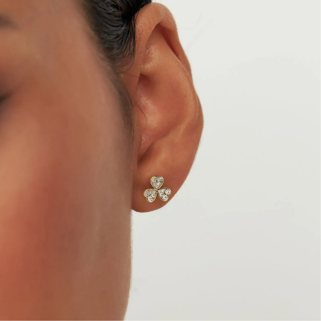 14k Gold Diamond Round Cut Pave Clover Stud Earrings 0.25 ctw