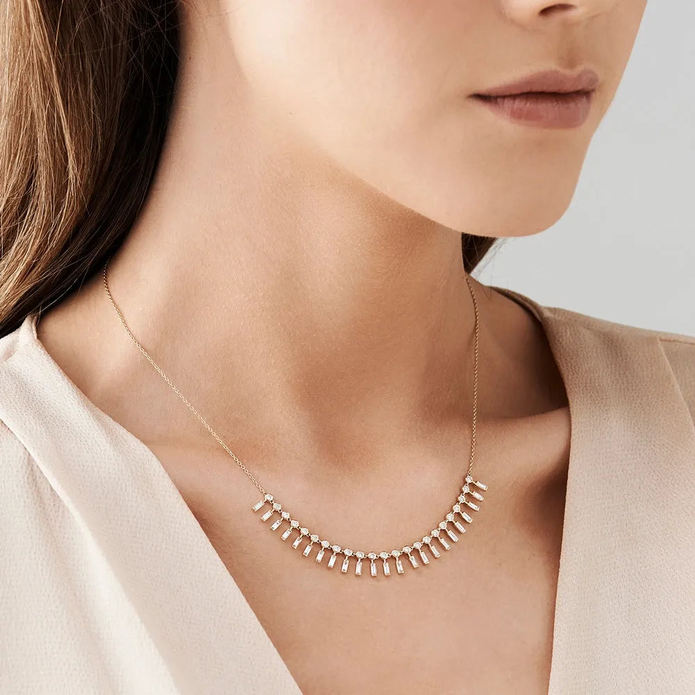 14K Solid Gold Baguette and Round Diamond Statement Necklace Bezel Set 1.75ctw