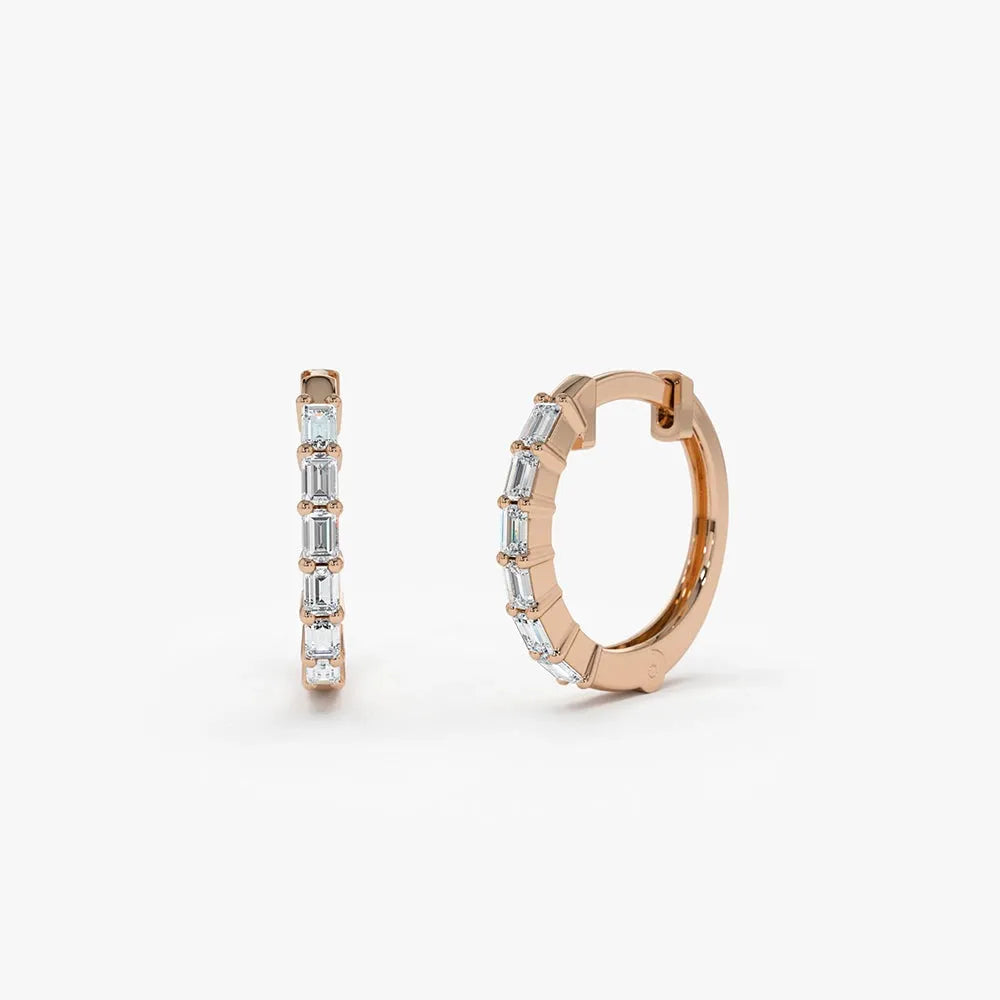 14k Gold Diamond Baguette Cut Mini Shared Prong Huggie Earrings 0.25 ctw