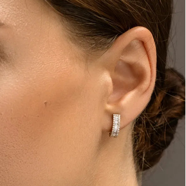 14k Gold Diamond Baguette and Round Cut Micro Pave Hoop Earrings 0.75 ctw