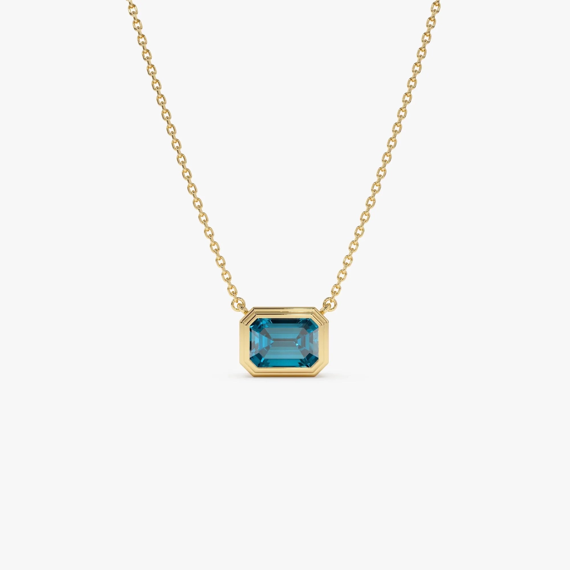 14k Solid Gold London Blue Topaz Emerald Cut Necklace 1.25 Carat Bezel Setting