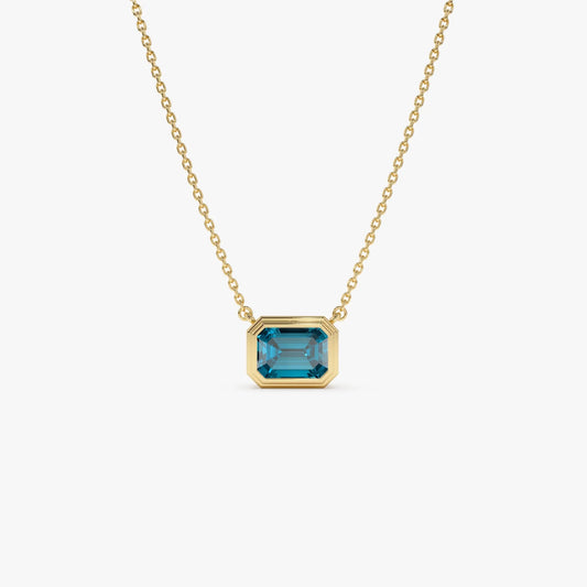 14k Solid Gold London Blue Topaz Emerald Cut Necklace 1.25 Carat Bezel Setting