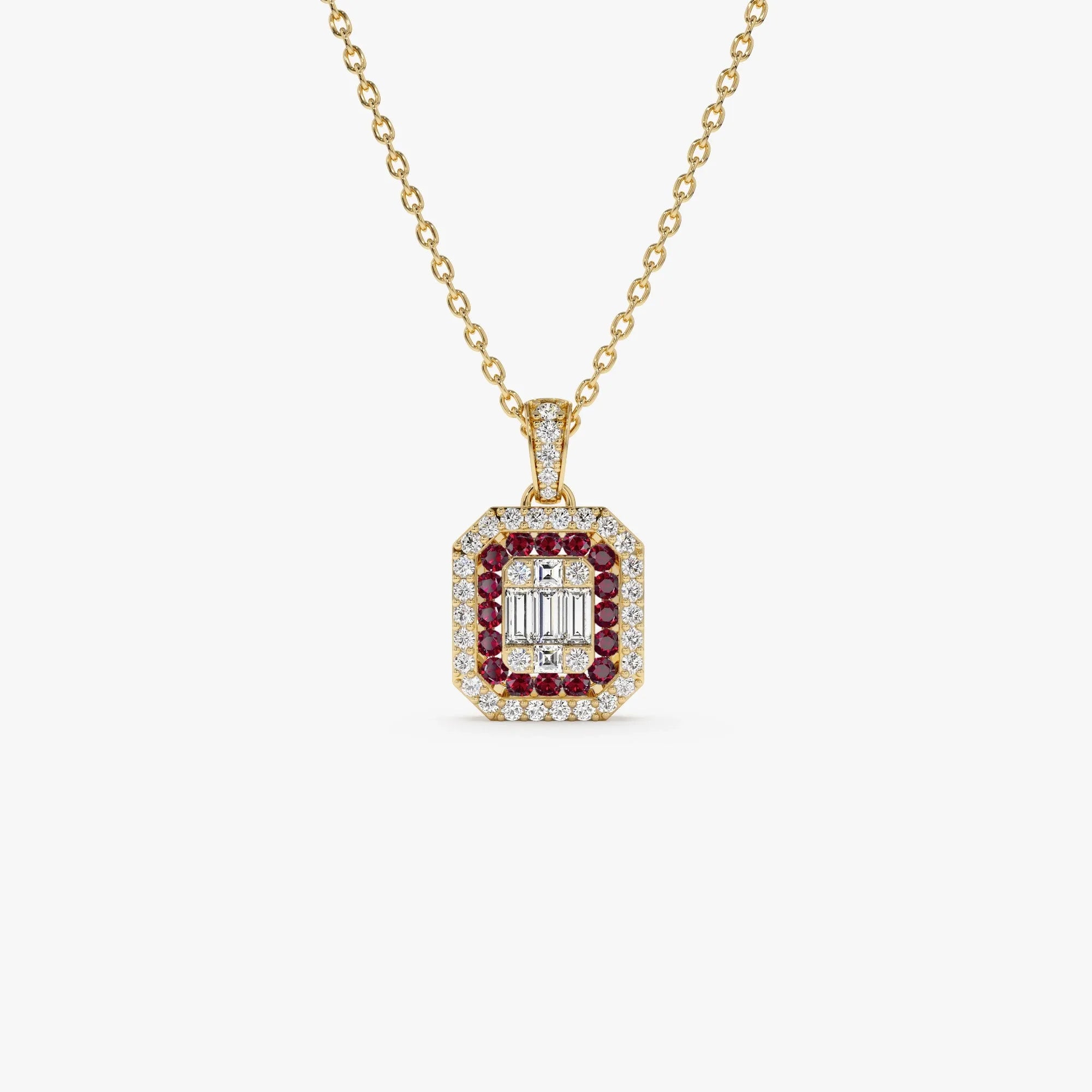 14k Solid Gold Ruby and Diamond Round Baguette Halo Necklace 0.50 Carat