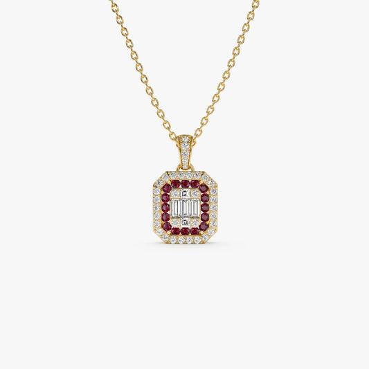 14k Solid Gold Ruby and Diamond Round Baguette Halo Necklace 0.50 Carat