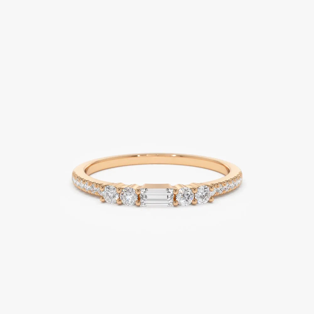 14K Gold Baguette and Round Diamond Stackable Ring 0.19 ctw