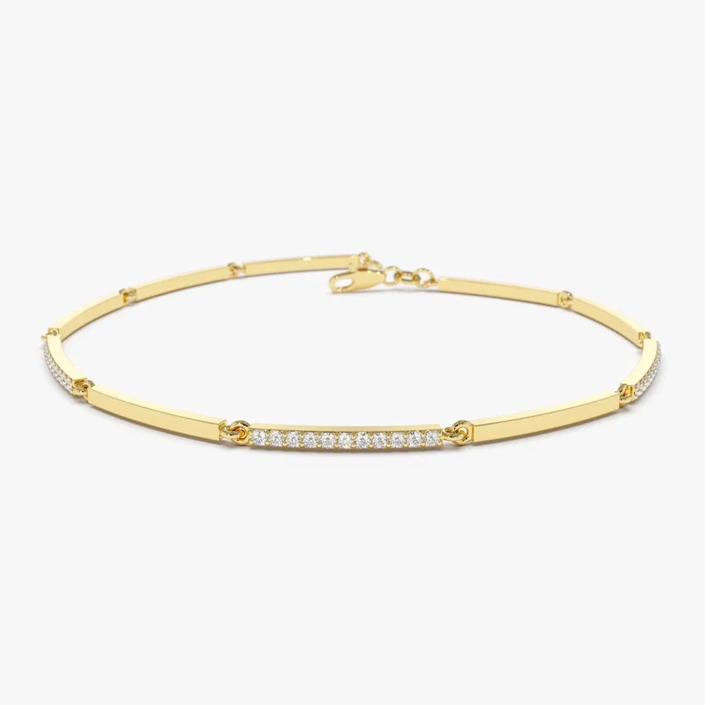14K Solid Gold Round Diamond Bar Bracelet Micro Pave 0.30 Carat