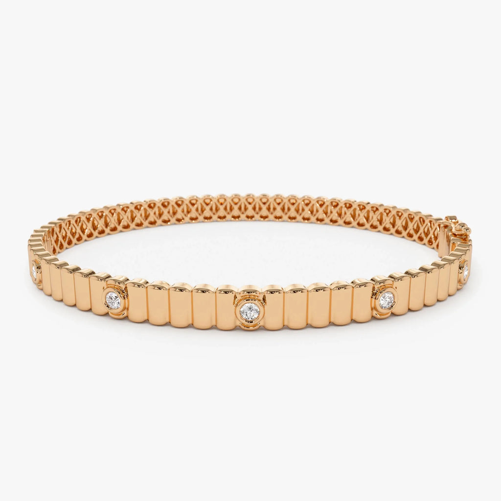 14K Solid Gold 0.14 CTW Round Diamond Ribbed Bangle