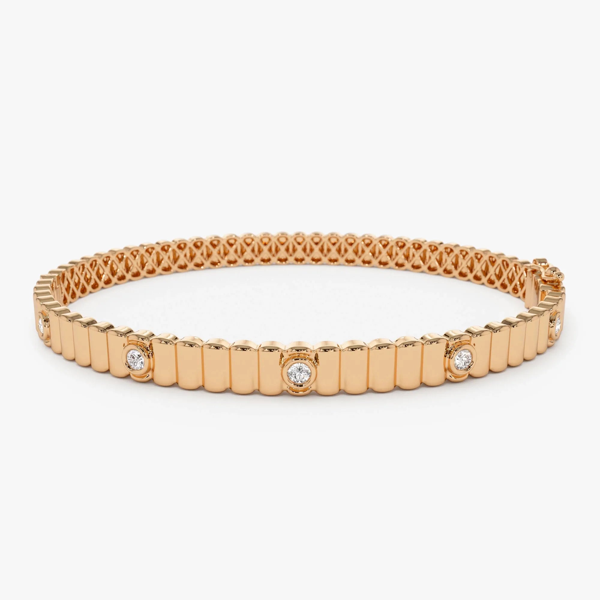14K Solid Gold 0.14 CTW Round Diamond Ribbed Bangle